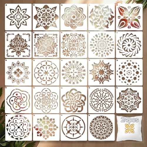 Ryetvok 24Pcs Talavera Stencils 5.98 Inch Reusable PET Mexican Stencil Diwali Rangoli Stencils for Painting on Wall Furniture Vases Cielito Lindo Stencil for Fabric Wood Home Decor