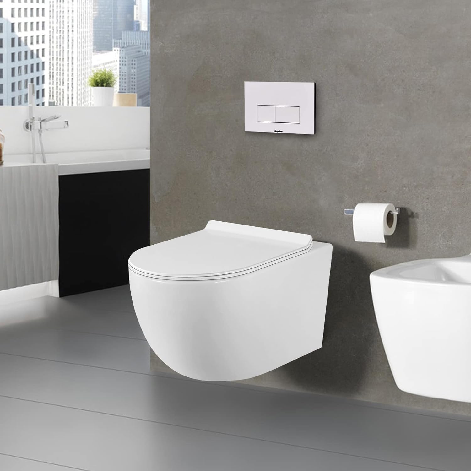 Pack Complet WC Sans Bride Bati Autoportant + Cuvette Suspendue Sans Bride + Plaque (Bâti chrono autoportant, Plaque blanche)