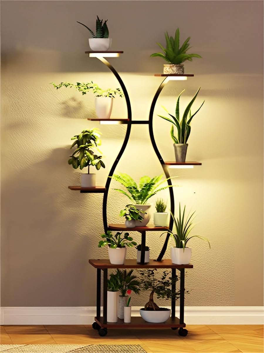 Pflanzenständer mit Vollspektrum-Pflanzenlicht - 8 Ebenen Blumenregal 155cm aus Metall & Holz - Dekorativer Blumentreppe für Innen & Außen, Balkon und Garten (mit Rollen)