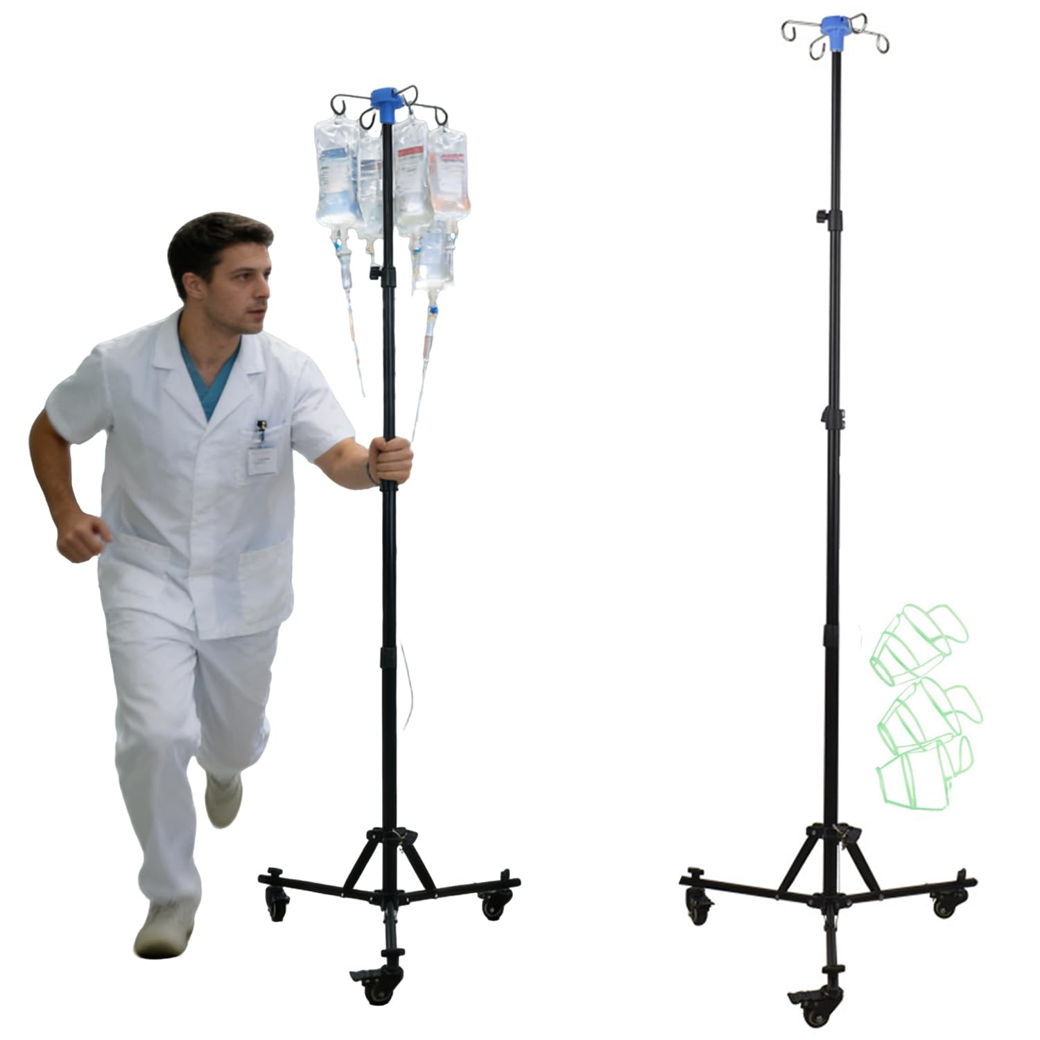 Supporto per Infusione con Ruote,Treppiede Pieghevole,con 4 Ganci e 3 Sacchetti a rete,per Ospedali e Assistenza Domiciliare