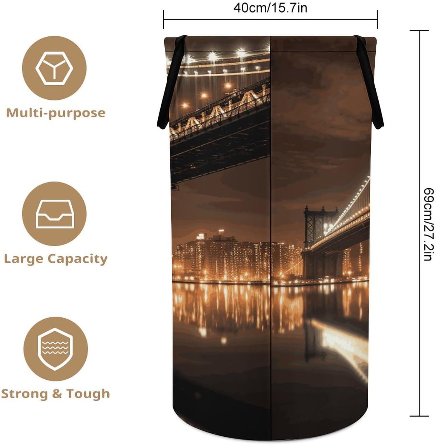 Laundry Basket Hamper New York Manhattan Bridge Night Waterproof Dirty Clothes Hamper Collapsible Washing Bin Clothes Bag with Handles Freestanding Laundry Hamper for Bathroom Bedroom Dorm Travel