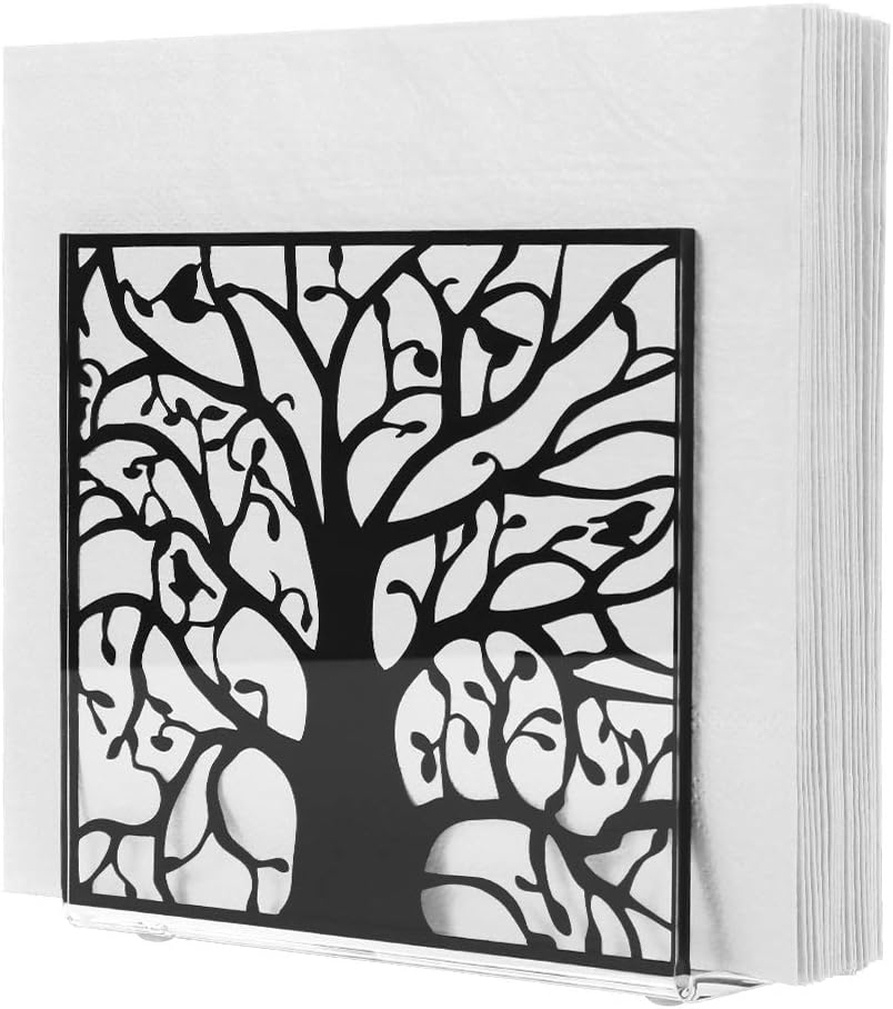 Natural Style Clear Acrylic Tree Bird Design Tabletop Napkin Holder Black Pattern Freestanding Tissue Dispenser Towel Tissue Holder