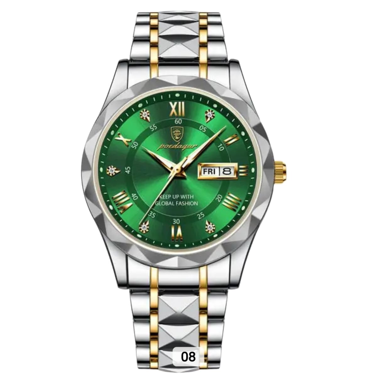 Men.s Watch, Poedagar 615, Automatic With Analog Display And Stainless steel, Display Green, Chain Steel And Gold Design, 3ATM Deep Waterproof,