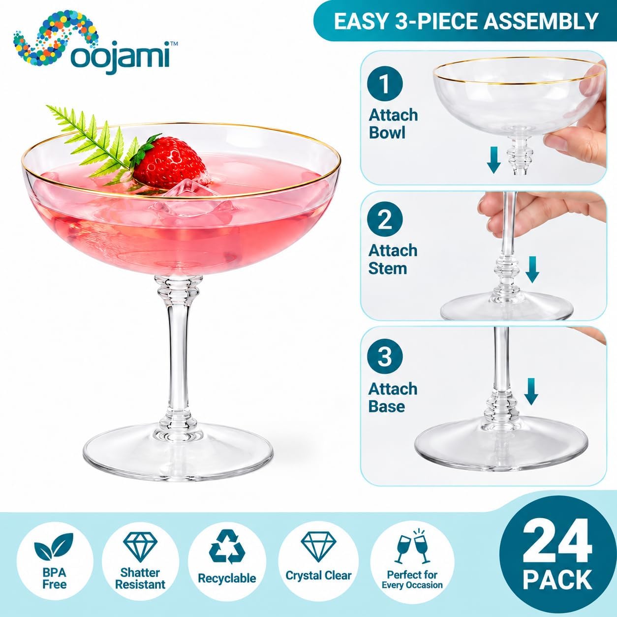 Oojami Item Name 24 Pcs 9oz Plastic Coupe Glasses, Detachable Stem Gold Rim