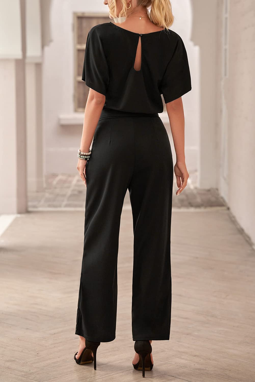 Damen Elegante Halbe Ärmel Laterne Ärmel Jumpsuit Mit Gürtel Weites Bein Hose Jumpsuit