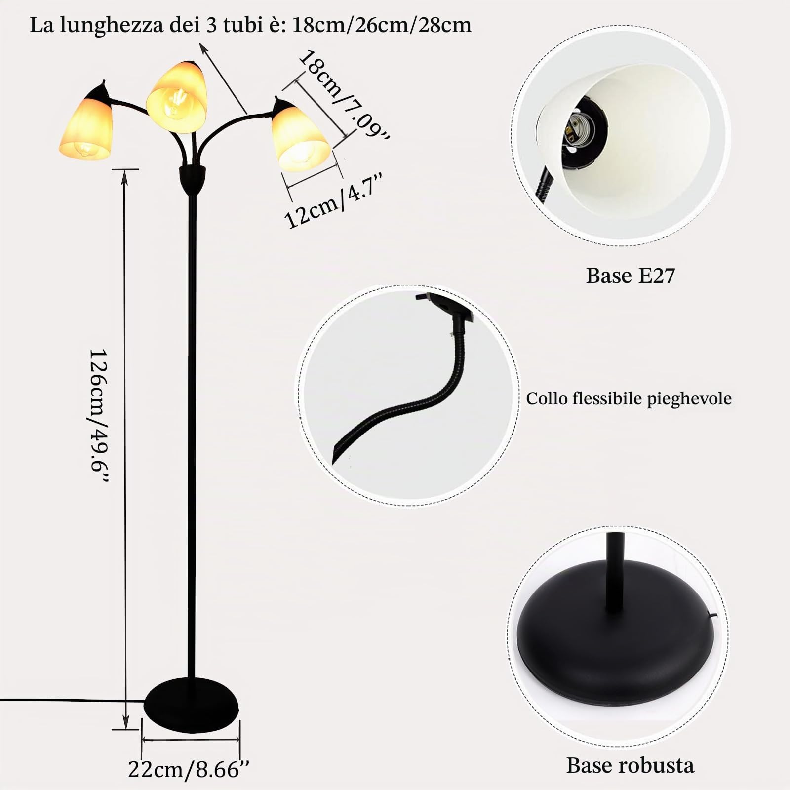 FIRVRE Lampada a Piantana da Terra, Lampada da Terra Moderna Design 3 Luci Individuale Controllo per Soggiorno, Letto, Lettura e Ufficio