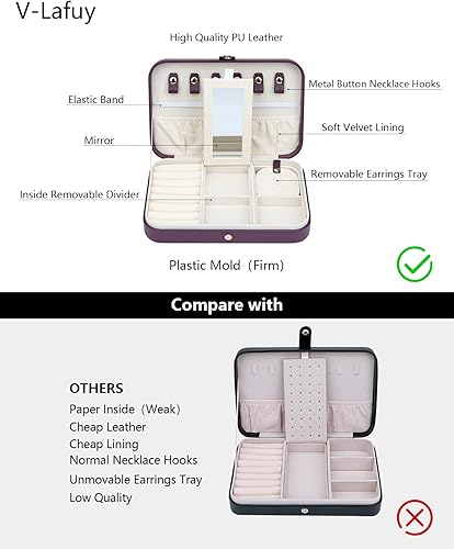 Miniatura 3 de V-LAFUY Organizador de viaje de joyería caja de joyería de viaje portátil pequeño estuche de joyería de viaje con espejo caja de joyería pequeña de