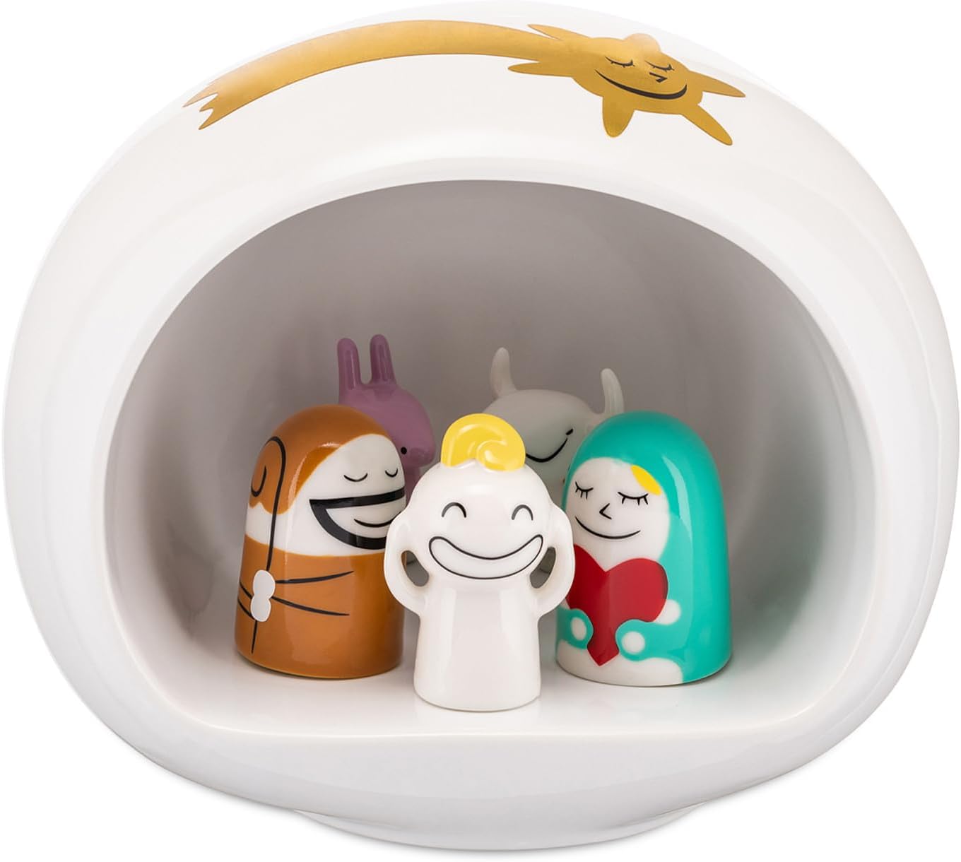 AMGI10SET Hand Decorated Design Nativity Scene with Cave and Figurine, Porcelain, White, Set of 10