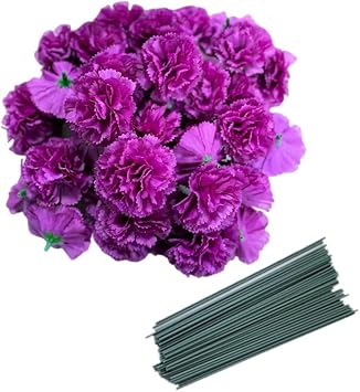 Rikyo 50 Artificial Silk Carnation Flower Head with Stems Set,Vase Fillers,Marigold Flower Heads for Diwali Decor Day of The Dead Wreath Garland Cake Ornaments,2" Petals Heads with 8" Stems Purple
