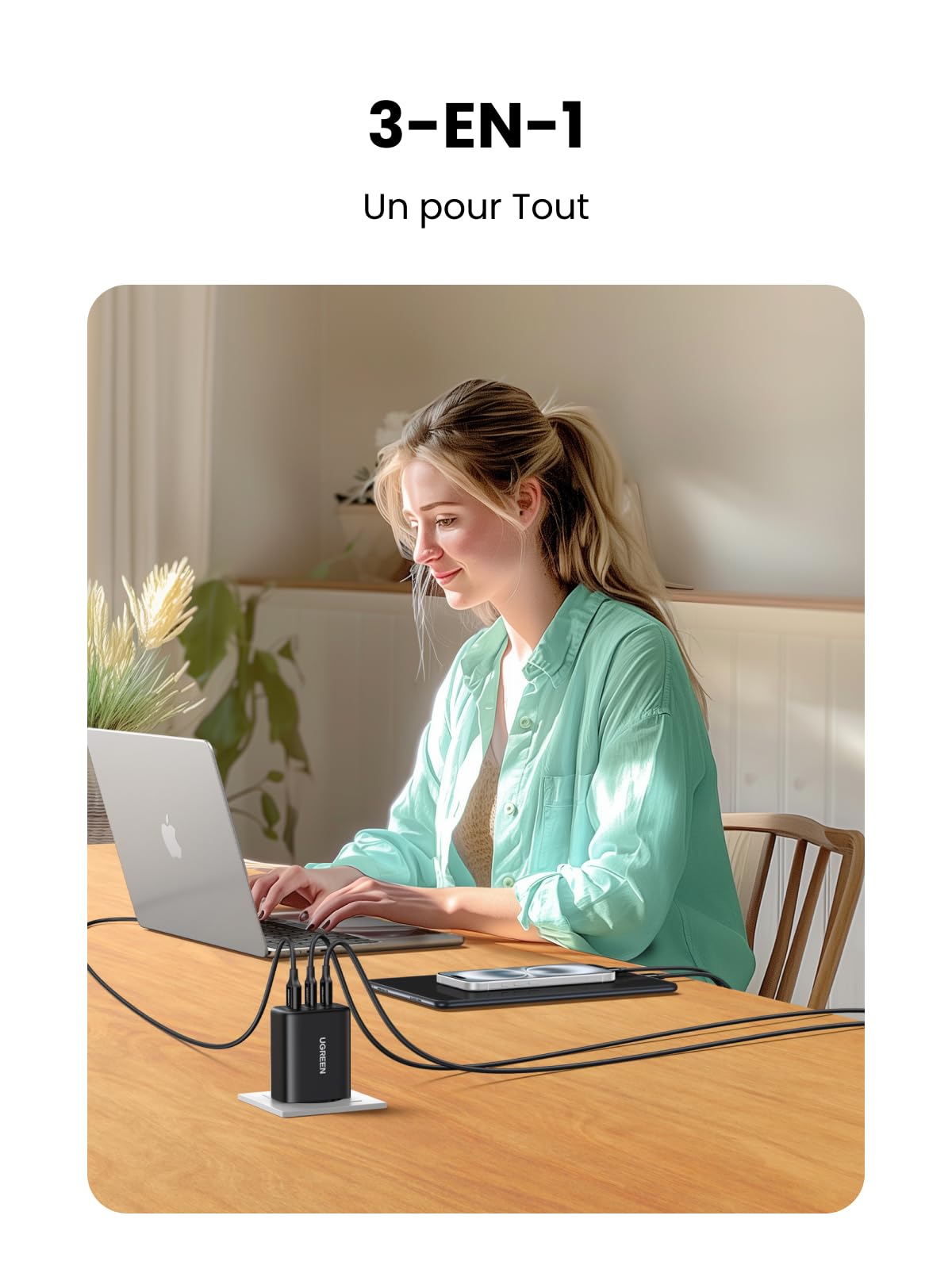 UGREEN Zapix 65W Chargeur USB C Rapide 3 Ports GaN Tech Compatible avec iPhone 17 Pro Max Air 16 15 14 13 12 iPad MacBook Neo Air Pro M5 M4 M3 M2 M1 Galaxy S26 S25 S24 A15 Pixel 10 9 8 XPS (Noir)