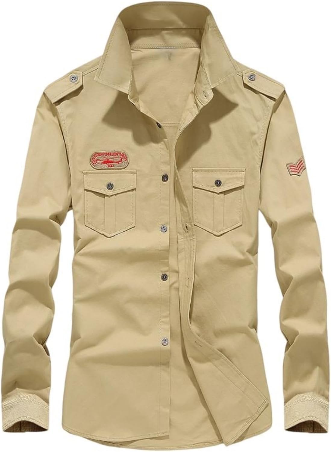 Men's Cotton Military Style Long Sleeve Work Shirt Relaxed Fit Machine Washable Durable