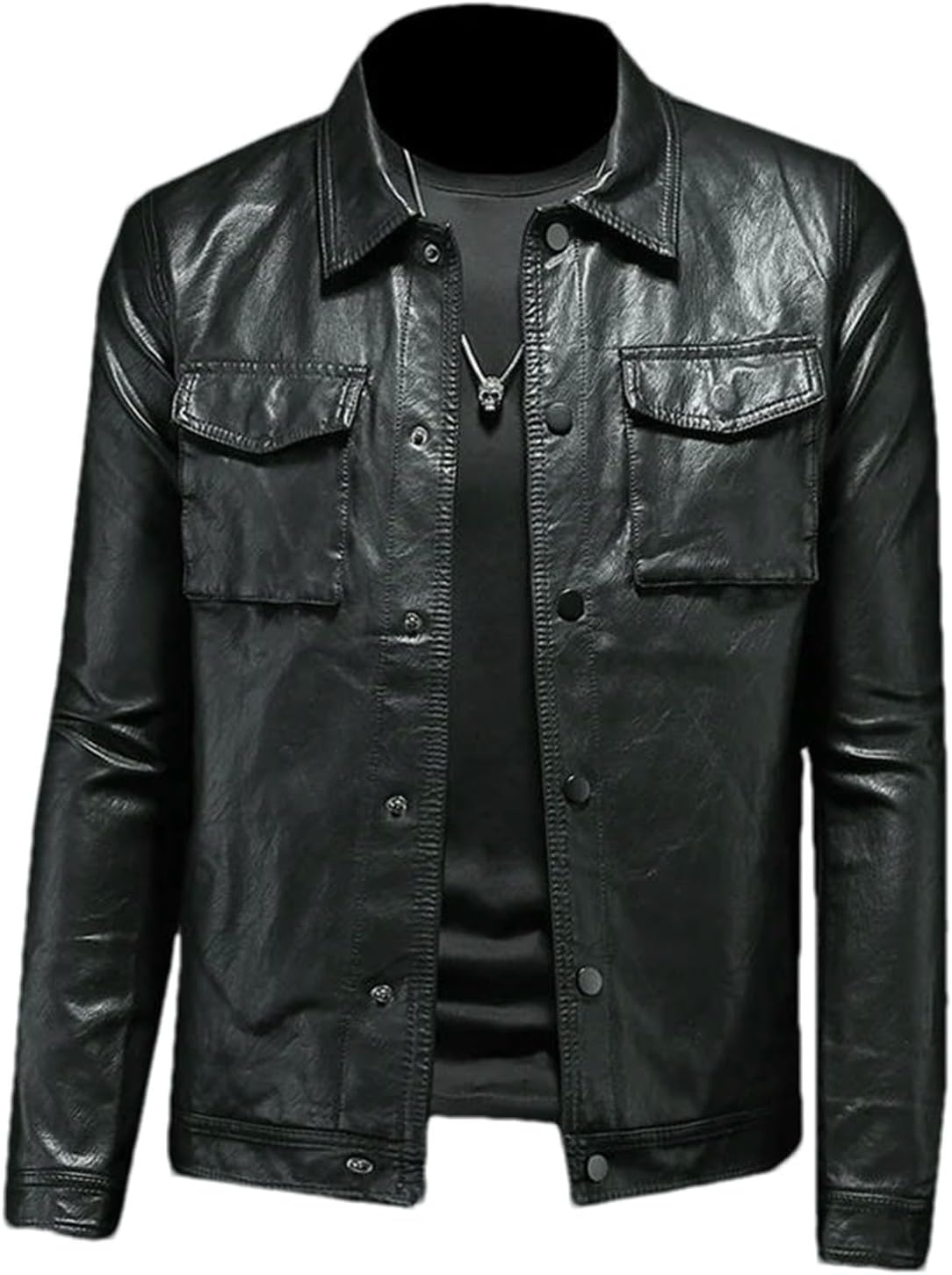 Men's Faux Leather Jacket Black PU Button Down Coat Casual Outerwear Pockets Thick Turn Down Collar Autumn