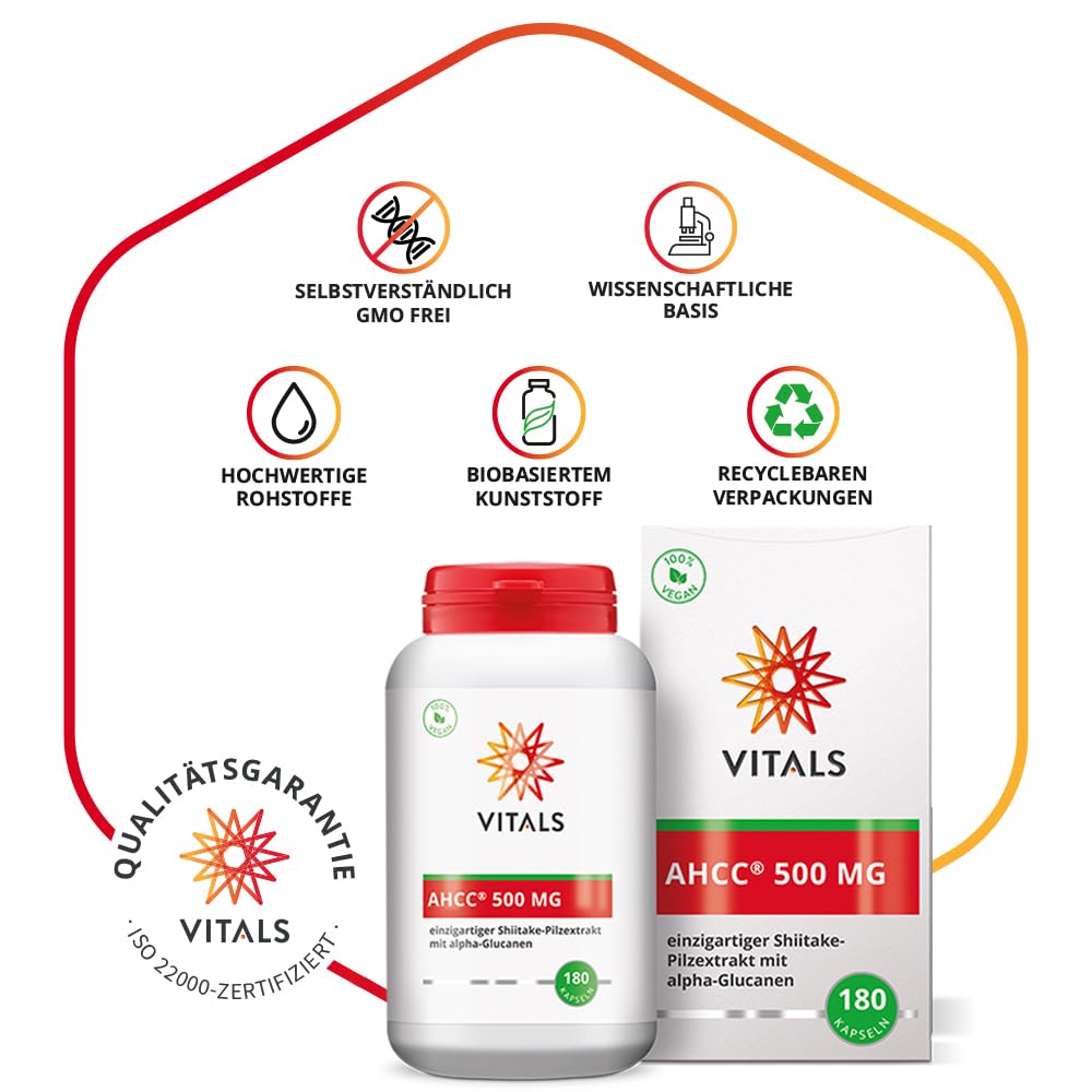 Vitals - AHCC 500 mg, 180 Kapseln, mit Alpha-Glucanen. 100% Vegan. Originalprodukt von den ursprünglichen Entdeckern