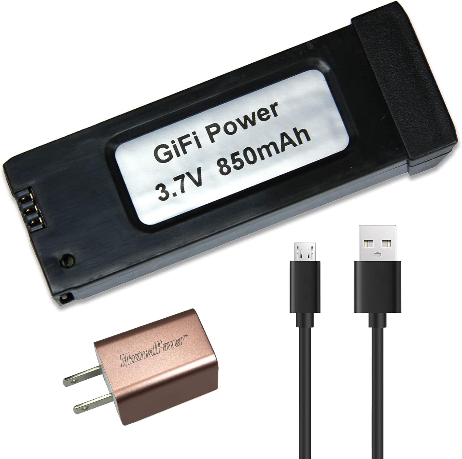 MaximalPower GiFi Power® Replacement 3.7V 850mAh Battery for Eachine E58 Quadcopter Drone (1 Pack + USB Cable & White Adapter)