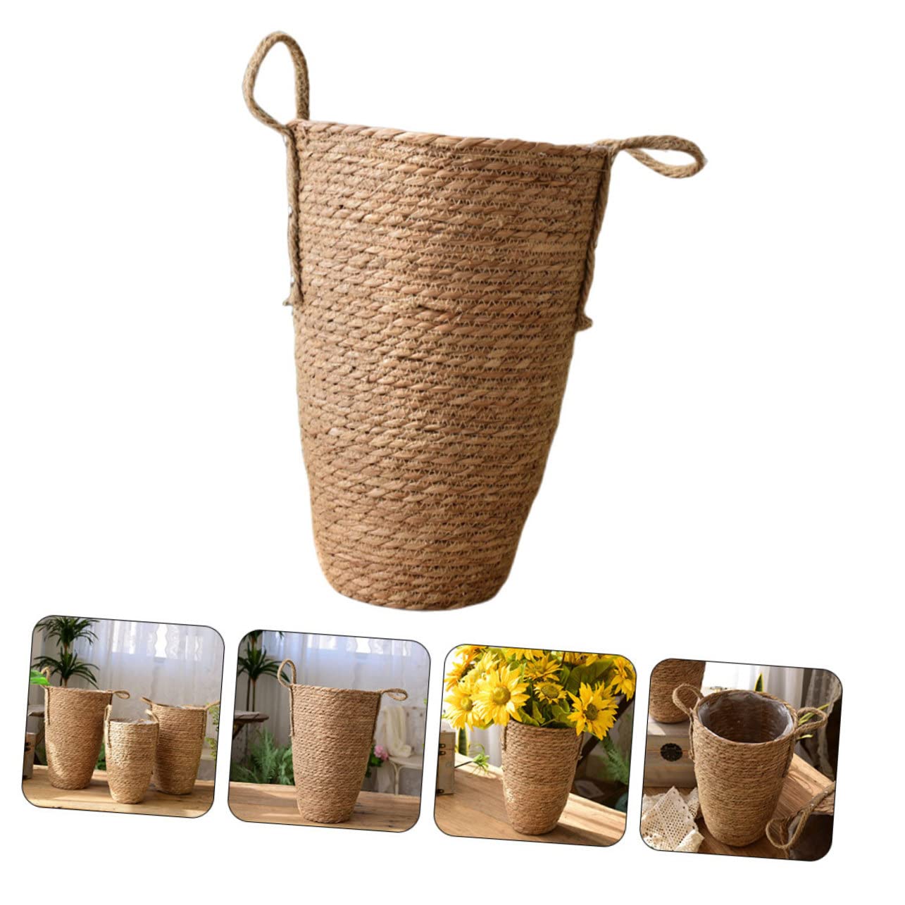Cesta Tejida a Mano Grande de Paja para Flores y Plantas | Uso Interior Hogar, Estilo Rústico y Elegante, Pieza Decorativa Práctica para Espacios Amplios