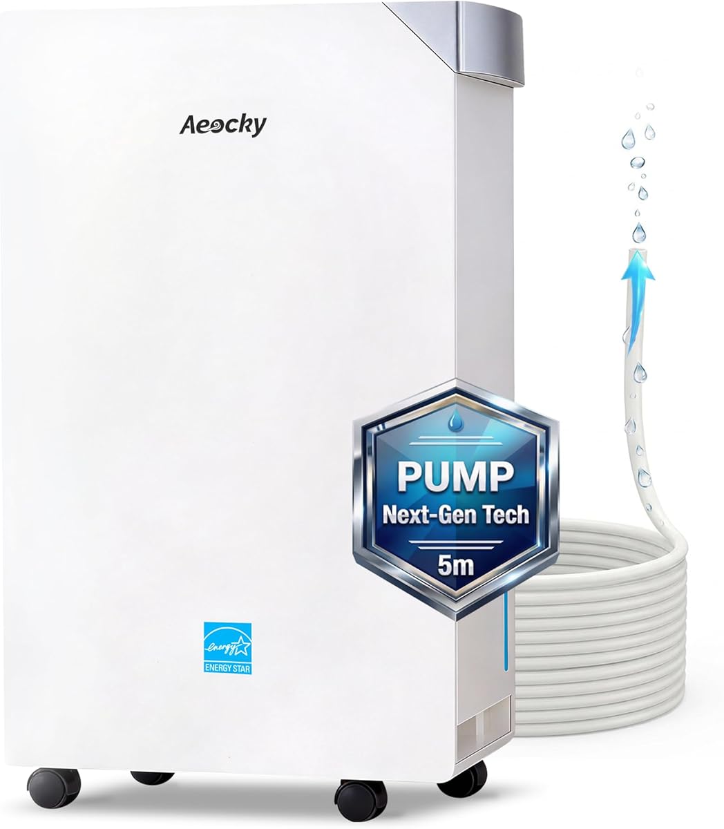 4500 Sq.Ft Energy Star Most Efficient 2025 Dehumidifier with Pump, AEOCKY Max 80 Pint/Day Smart Compressor Dehumidifier with Drain Hose, Intelligent Humidistat,for Basement,Bedroom,Home (White)