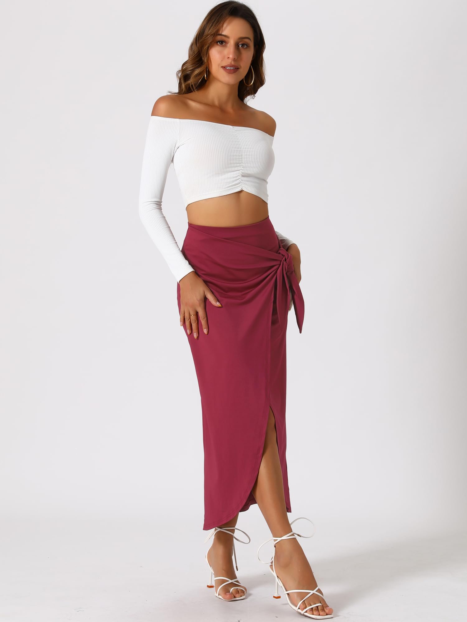 Allegra K Jupes pour femme - Jupe longue fendue sur le devant - Taille haute - Style bohème - Style décontracté - Jupe midi moulante