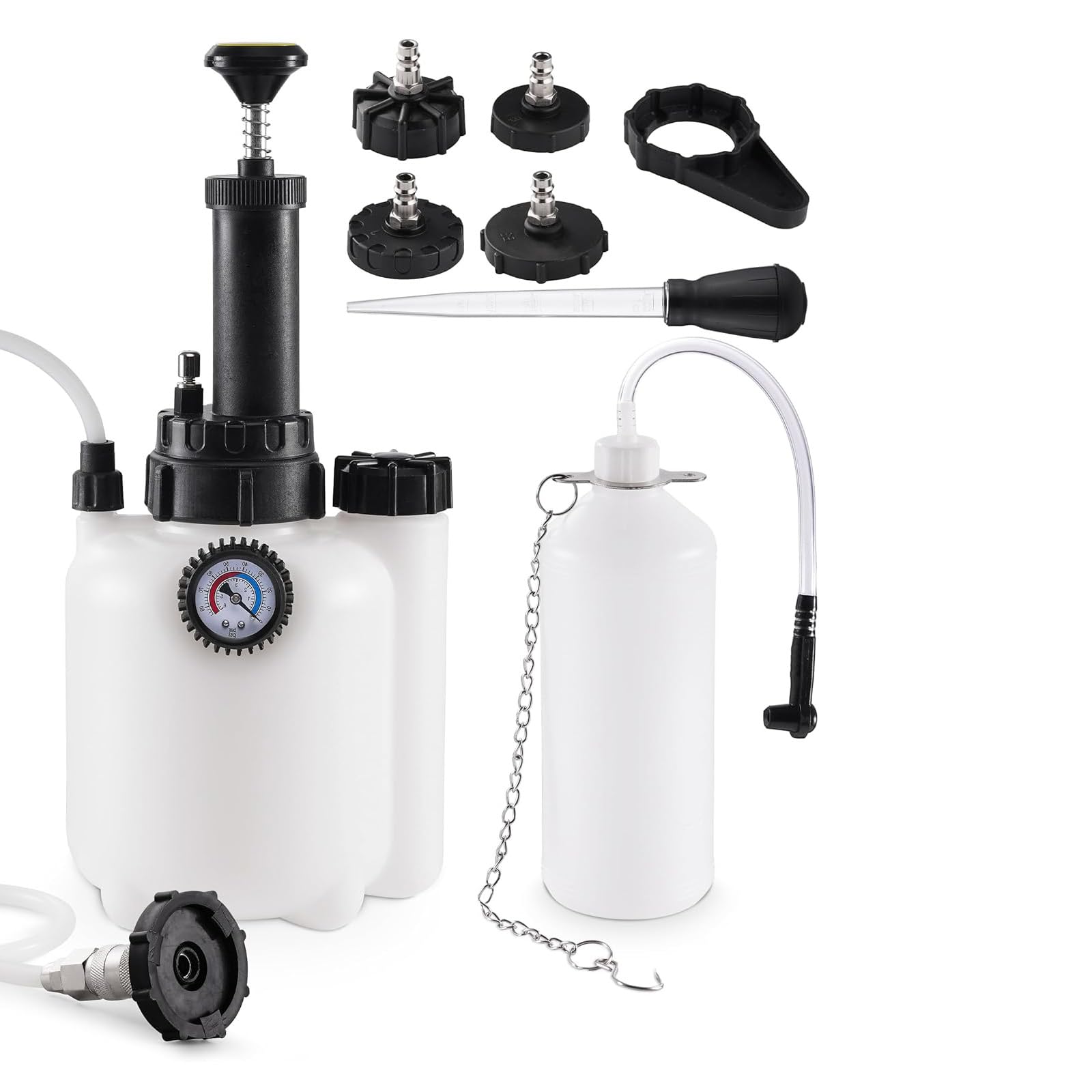 Manuelles Bremsflüssigkeits Entlüftungsset mit 1-Liter Flasche und Mehreren Adaptern, geeignet für die effiziente Wartung von Hydrauliksystemen Kfz Bremsentlüftungsset