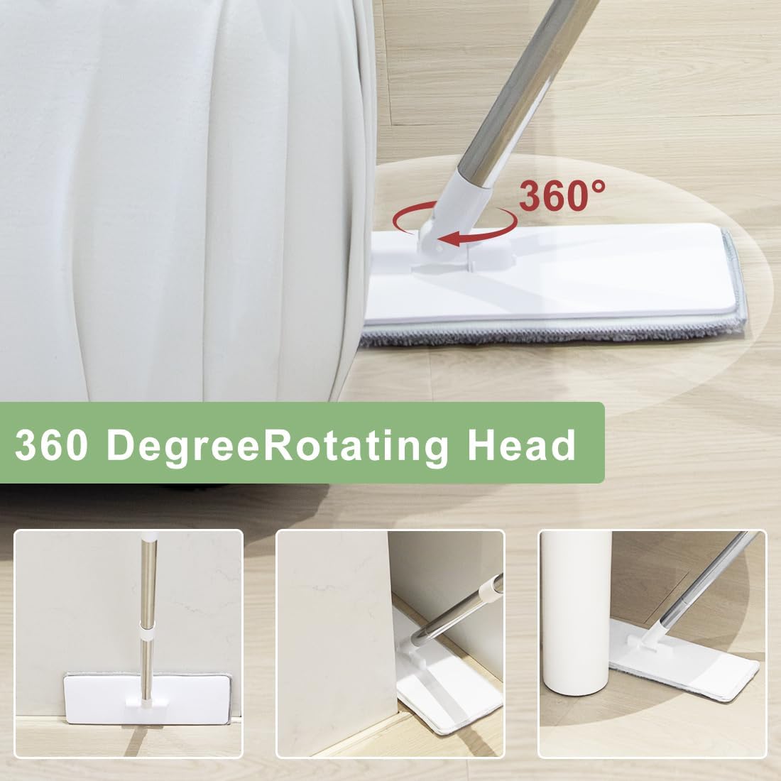 CQT Self-Wringing Mop and Bucket Set for Home Long Handle Flat Mop with 8 Washable Microfiber Pads