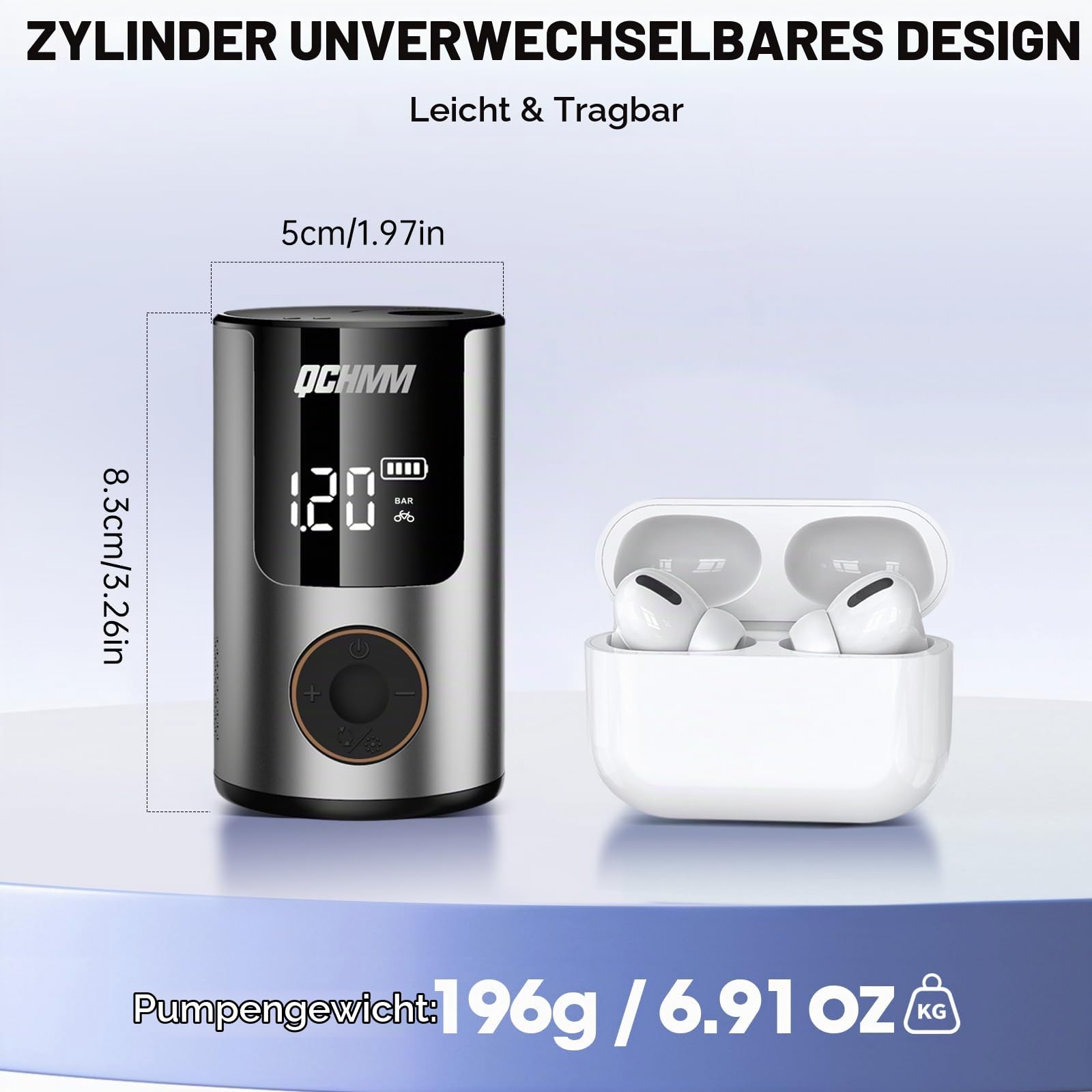 Fahrradpumpe, Mini Elektrische Luftpumpe Fahrrad mit Manometer | Bike Pump für Schrader- und Presta Ventil, 120PSI Akku Luftpumpe für Rennrad, Mountainbikes, Stadträder und E-Bikes