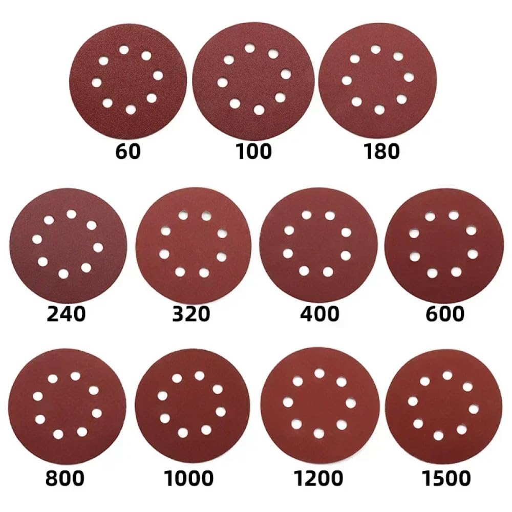 Discos de lijado de 5 pulgadas y 8 orificios para lijadora orbital aleatoria Hojas abrasivas de grano 60-2000 Papel de lija adhesivo con gancho y bucle de 125 mm, 120 granos, 50 unidades