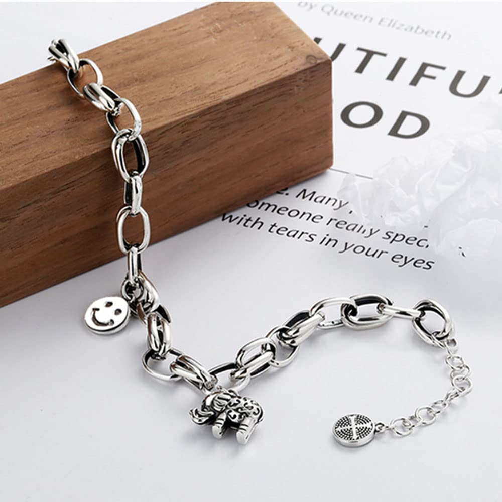 Bracciale A Maglie Grosse in Argento Sterling 925 personalità Bracciale con Faccina Elefante retrò Gioielli di Tendenza alla Moda per Gli Amanti dei Gioielli in Argento
