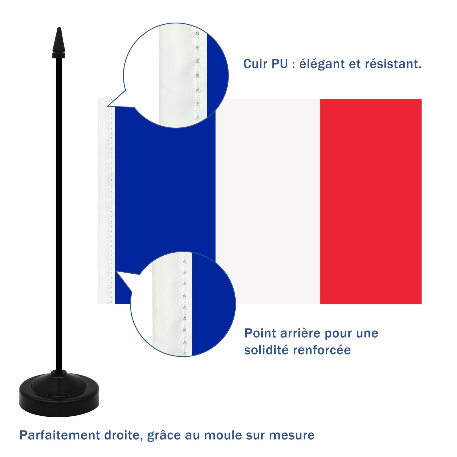 Ensemble de Drapeau Français de Table 21 x 14 CM avec Hampe et Socle 2 Pièces