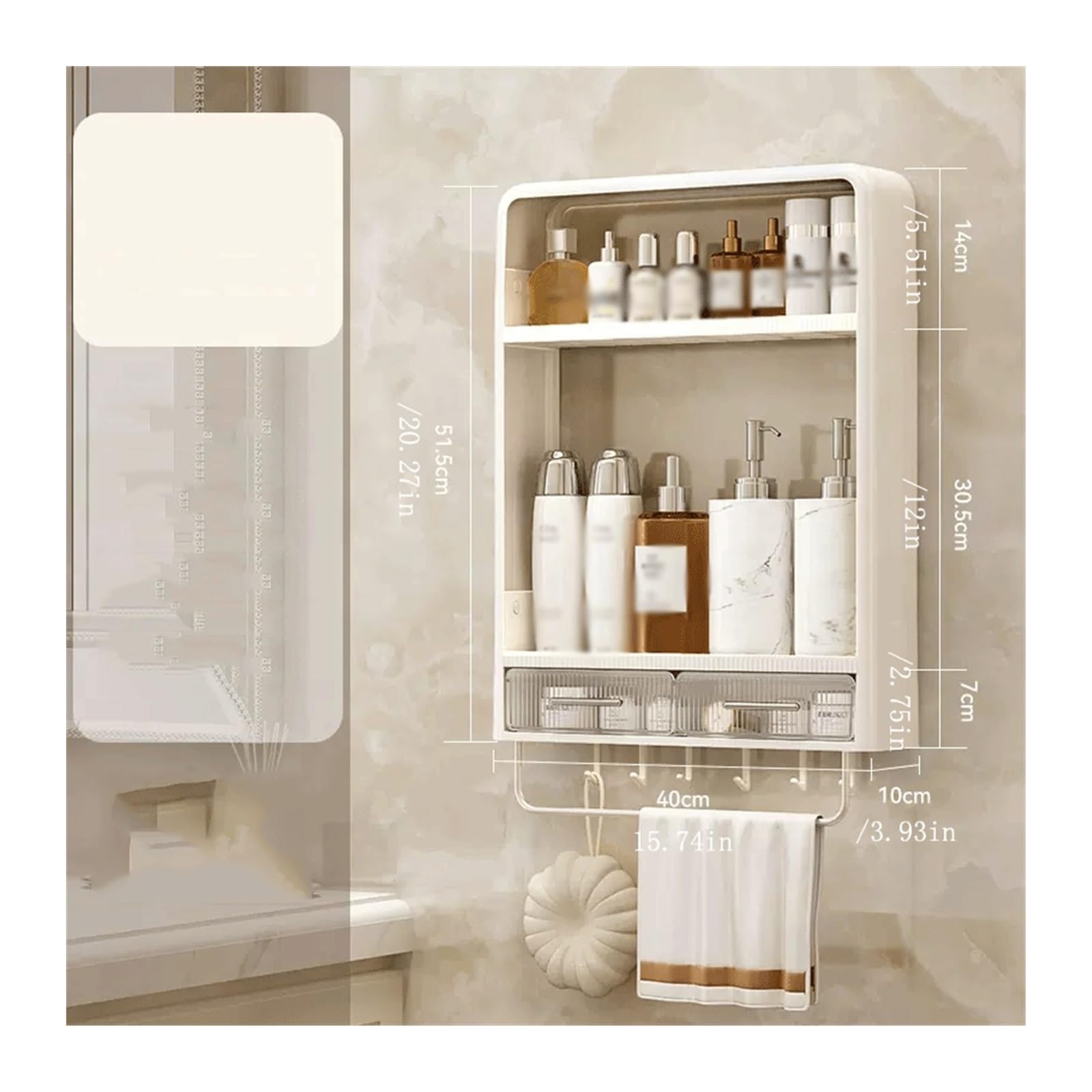 Estante de Ducha Estante de Almacenamiento for baño plástico montado en la Pared Dos Capas con cajón y toallero Mesa Lavado Productos for el Cuidado Piel Simple sin Perforaciones Estantes flotantes