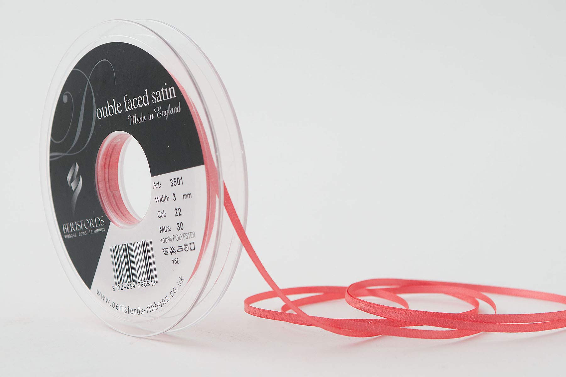 Berisfords Satin Ribbon, Coral, 3 mm