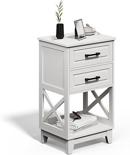 Miniatura 7 de RoyalCraft Mesita de noche alta, mesa auxiliar blanca con 2 cajones y estante abierto debajo, mesita de noche con pies sólidos, mesa auxiliar