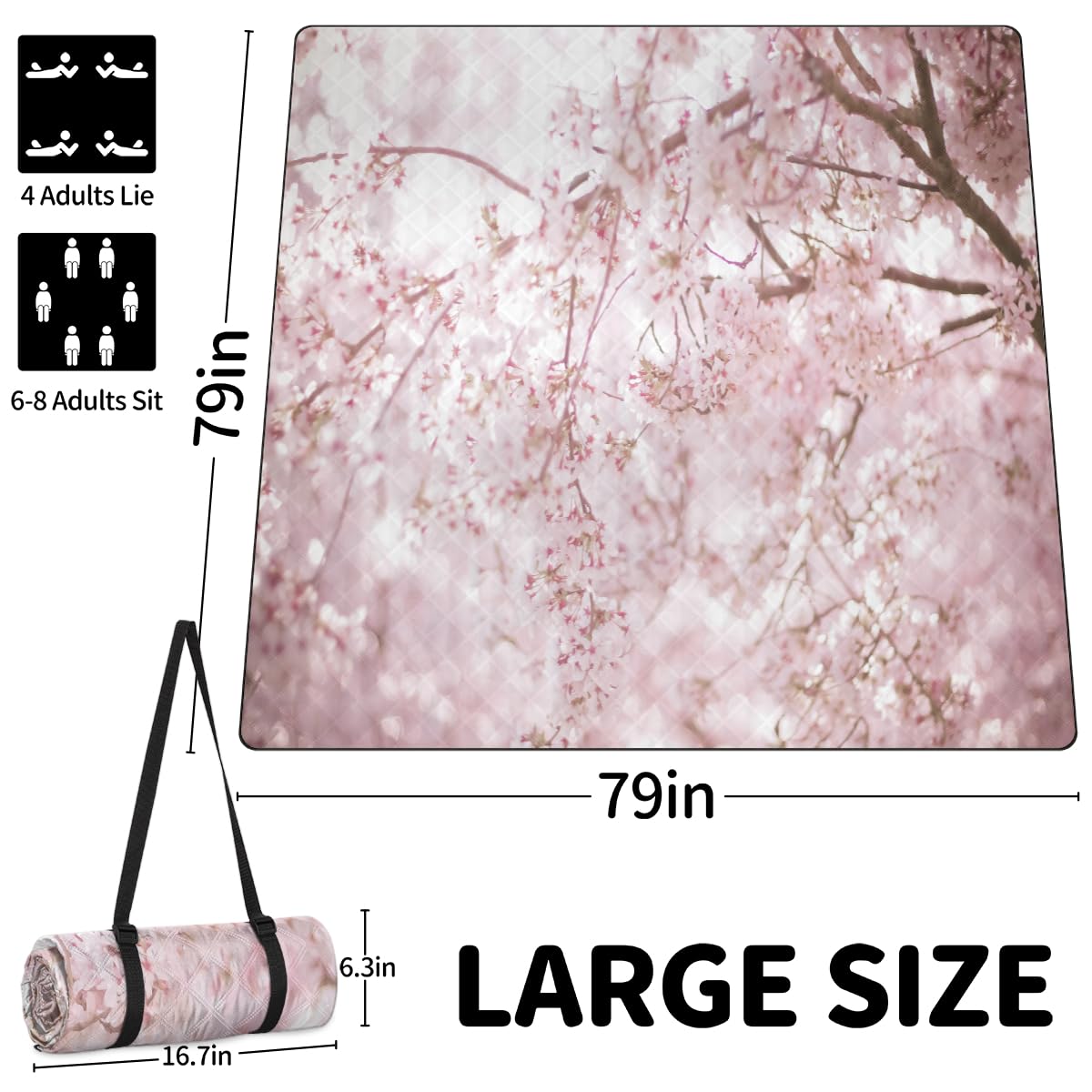 Shimoshe Extra Large Picnic Blankets 79”x 79”, Cherry Blossom Tree Waterproof Foldable Picnic Mat with Straps Portable Beach Blanket for Camping Park Grass Beach Indoor