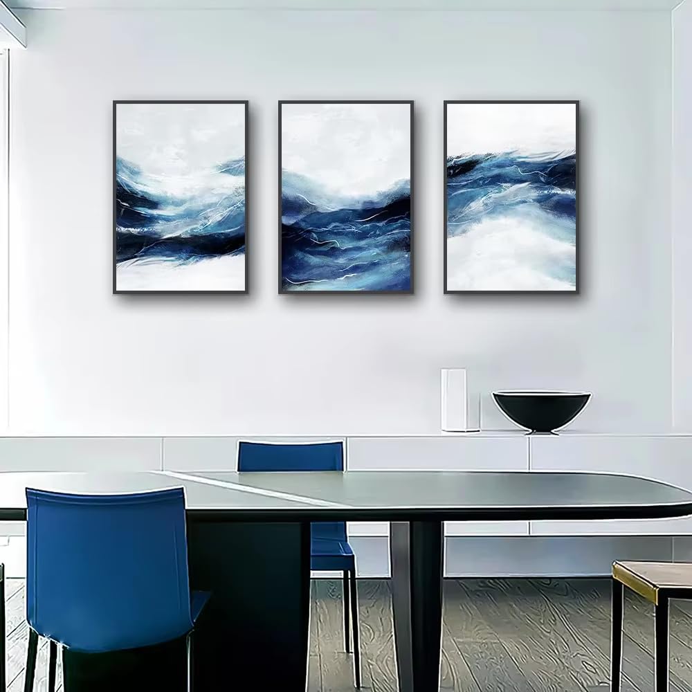 UIJKNFD 3-teiliges abstraktes weißes, schwarzes und blaues Wellenposter auf Leinwand, Wandbild, Schlafzimmerbilder für Wohnzimmerdekoration (75 x 110 cm x 3 / ohne Rahmen)