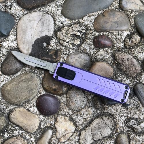 Automatic Utility Knife, Safety Black Box Cutter Retractable, EDC Push Button Knife, Exacto Scalpel Knife, 10PCS #23 Razor Blades Pocket Knife with Clip (Purple)