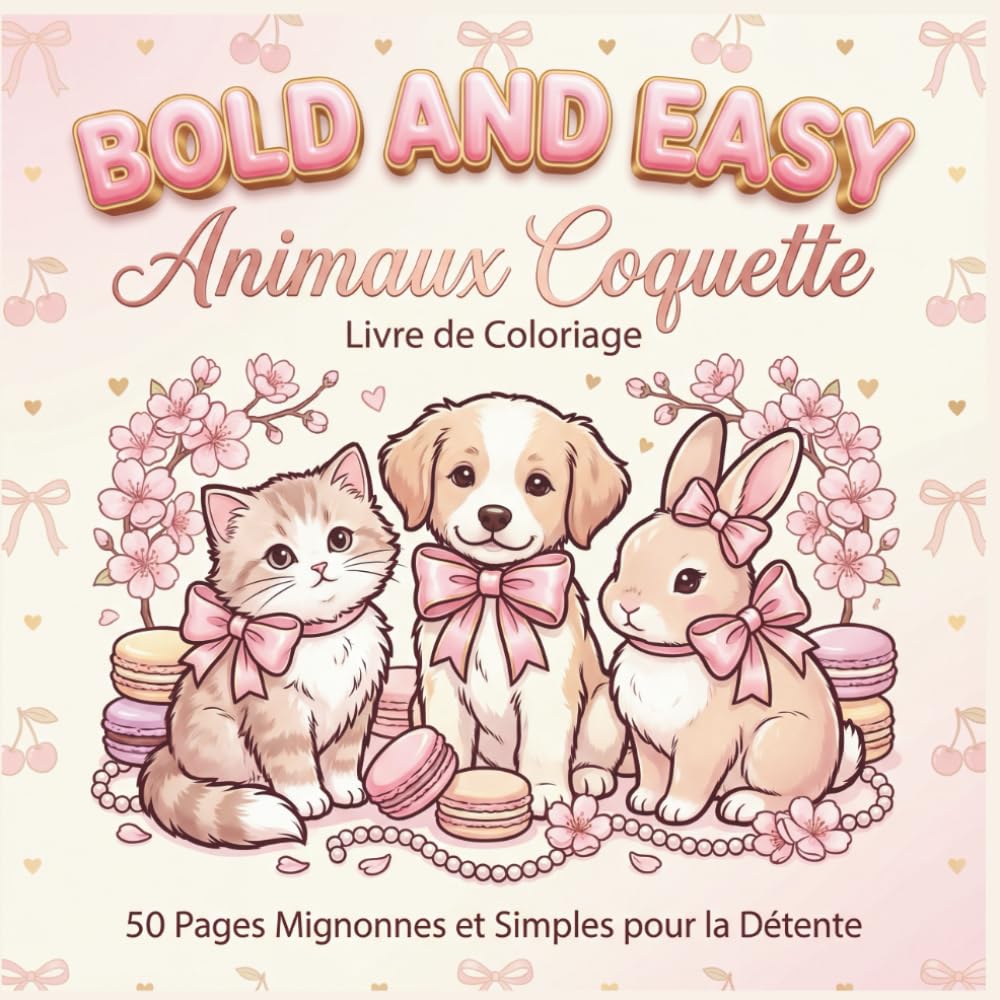 Bold and Easy Coquette Animaux Livre de Coloriage: 50 Pages Mignonnes et Simples avec Gros Traits, Nœuds et Motifs Esthétiques pour la Relaxation des Adultes et Ados