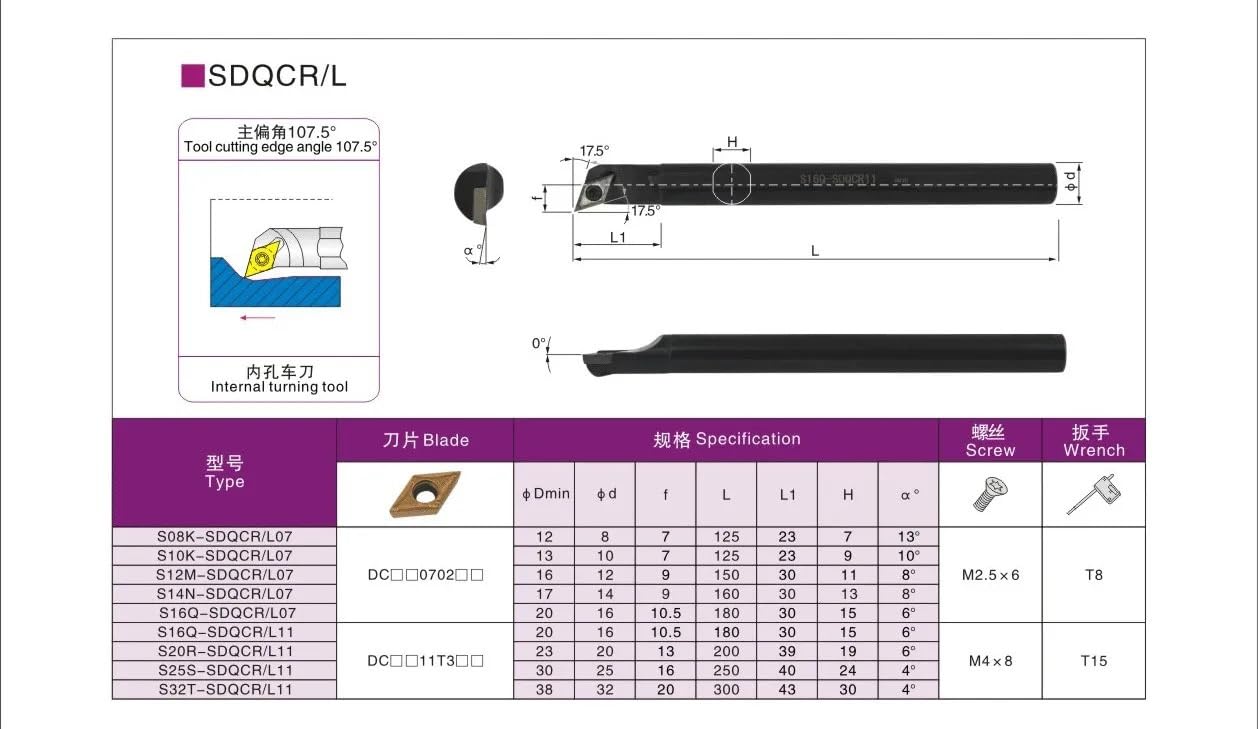1pc Internal Tool Holder SDQCR S10K S12M S16Q SDQCR07 SDQCR11 Lathe Cutter Turning Tools Boring Bar CNC SDQCL DCMT Inserts(S10K-SDQCL07)