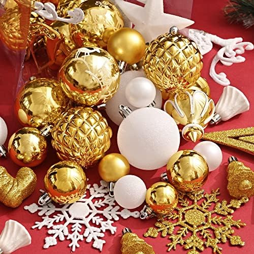 Christmas Baubles Set with Hooks-106pcs White and Gold Baubles for Christmas Tree Decorations, Multicolour Large and Small Christmas Balls Variety of Sizes, Luxury Christmas Bauble Pack for Home Decor