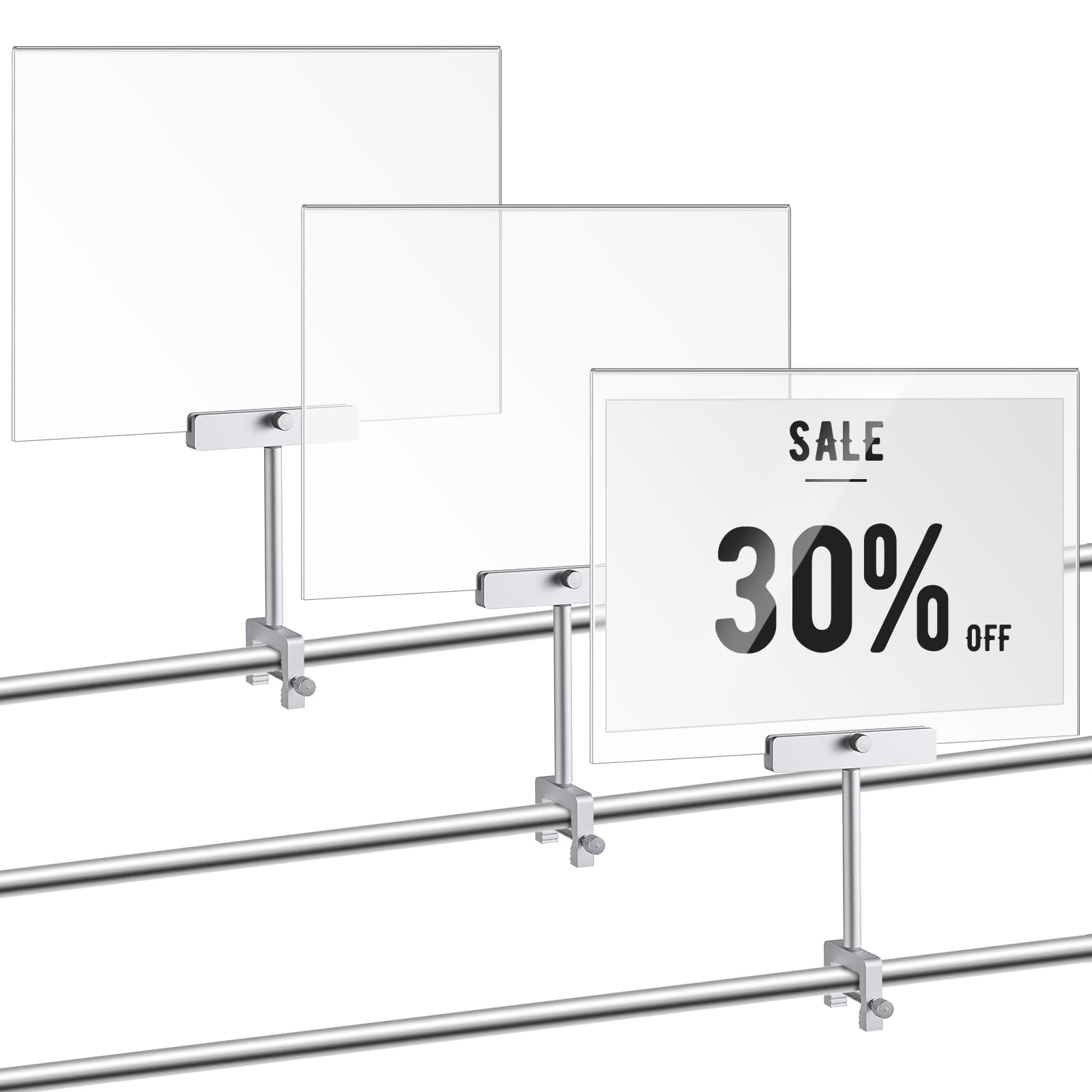 FoldTier Juego de 3 abrazaderas de aleación de aluminio con marco acrílico de 8.5 x 11 pulgadas, soporte de cartel con clip, soporte giratorio para letreros para tiendas de ropa, etiquetas de precio