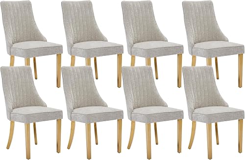 Miniatura 13 de Juego de 6 sillas de comedor, sillas de comedor de cocina con canales de lino con patas curvadas de madera maciza, silla de comedor tapizada de tela