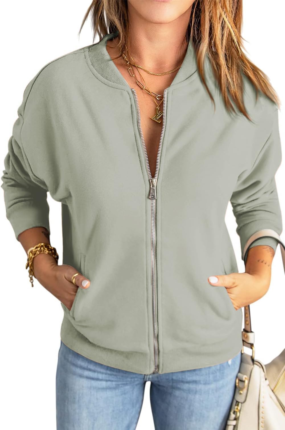 YUTILA Bomberjacke Damen Blouson Jacke Casual Baumwolle Sweatjacke