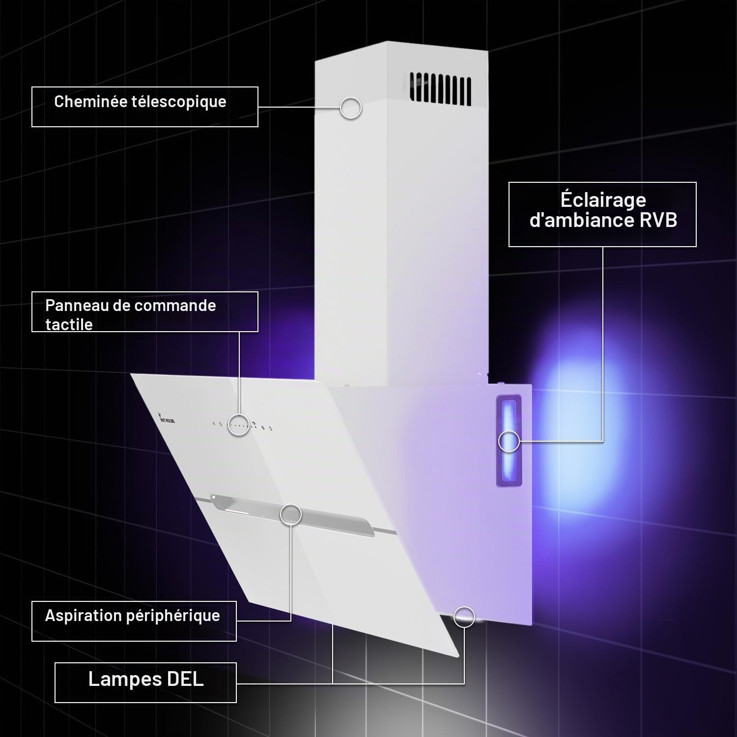 KKT KOLBE Hotte aspirante murale ECCO9005WM, 90 cm, sans tête | 782 cbm/h, évacuation et recirculation, verre blanc, éclairage LED RGBW, application WiFi intelligente, Wi-Fi