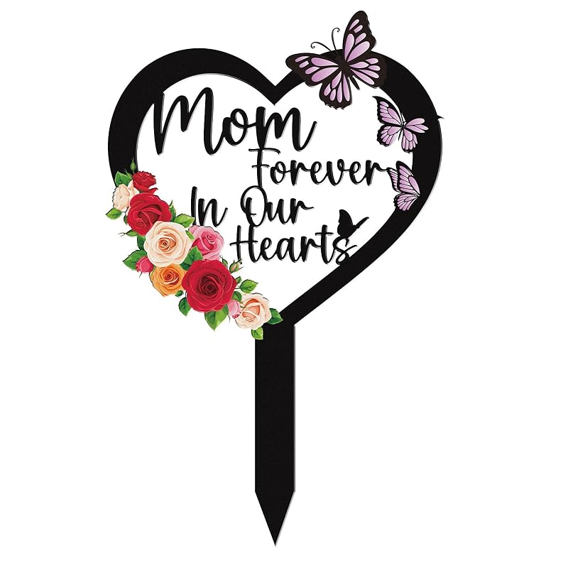 Estaca memorial para mãe em metal Rngmsi com mensagem Mom Forever in Our Hearts, 30,5 x 19,8 cm
