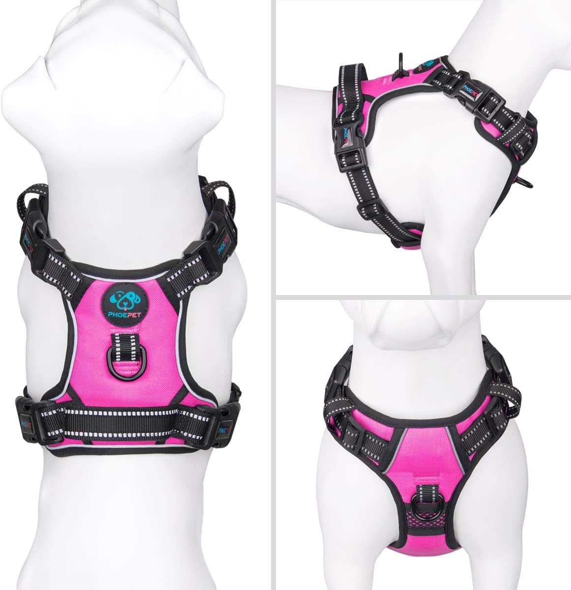 PHOEPET Updated Reflective Dog Harness Large Breed Adjustable No Choke No Pull Vest with Handle 2 Metal Hooks 4 Buckles [Easy to Put on & Take Off](XL,Pink)