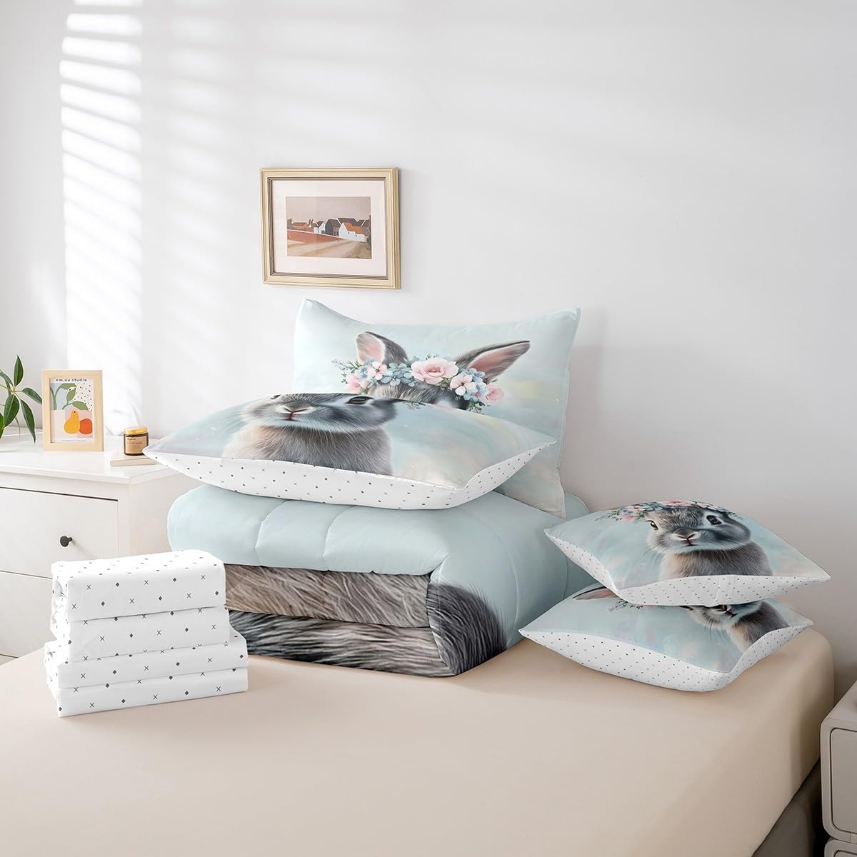 jejeloiu Cute Rabbit Bedding Set for All Season Twin Size 7 Pieces Kawaii Bunny Comforter Set for Kids Boys Girls Floral Rabbits Bed in a Bag with Comforter, Sheets, Pillowcases & Cushion Cover
