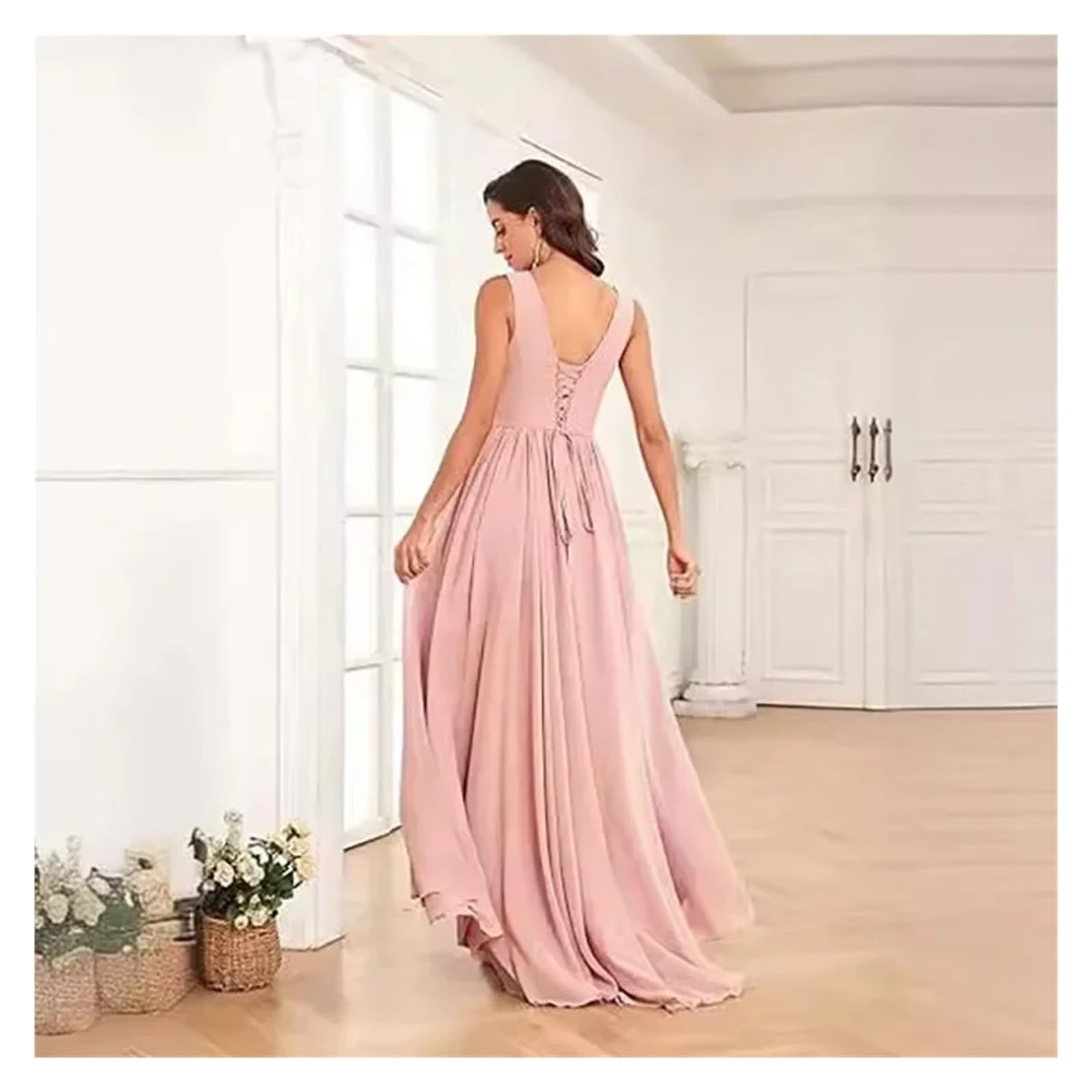 V-Ausschnitt Chiffon Plissee Schlitz Elegante rückenfreie Brautjungfernkleider Hochzeitsfeier Gast Formelle Abendkleider Bodenlang(White,16W)