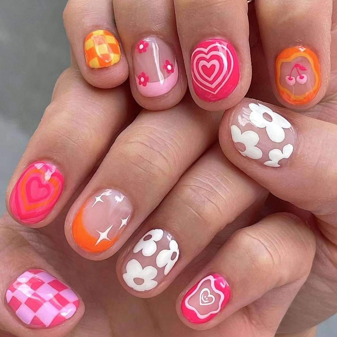 Short Square Press on Nails with Pink French Tips & Rainbow Flower Heart Lattice Pattern - Acrylic Artificial Glue on Nails - 24pcs