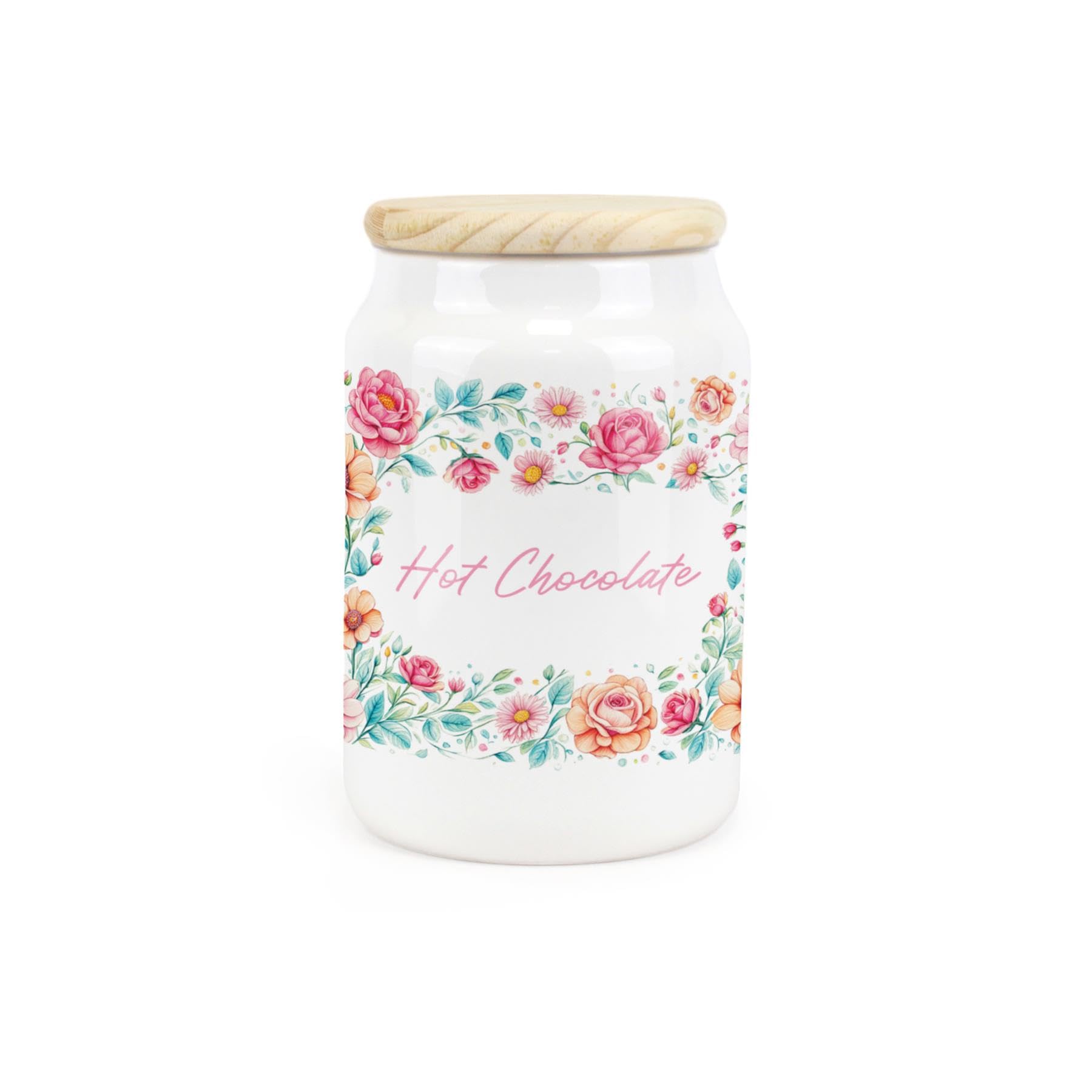 Purely Home Flower Border Ceramic Hot Chocolate Storage Canister - Floral Artwork Kitchen Food Storage Container & Wooden Lid 600ml (14.5cm x 9.5cm)