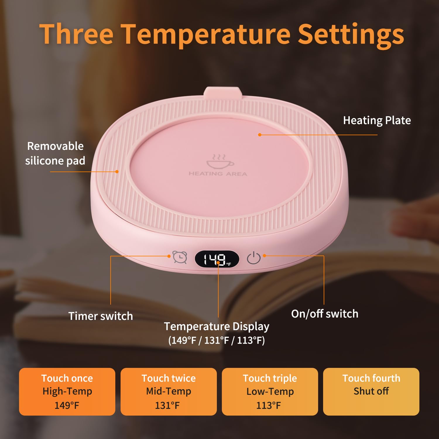 Juego de tazas de café con 3 ajustes de temperatura, apagado automático de 8 horas, calentador de tazas eléctrico para escritorio, oficina, hogar, calentador de bebidas con 3 ajustes de temperatura, 4