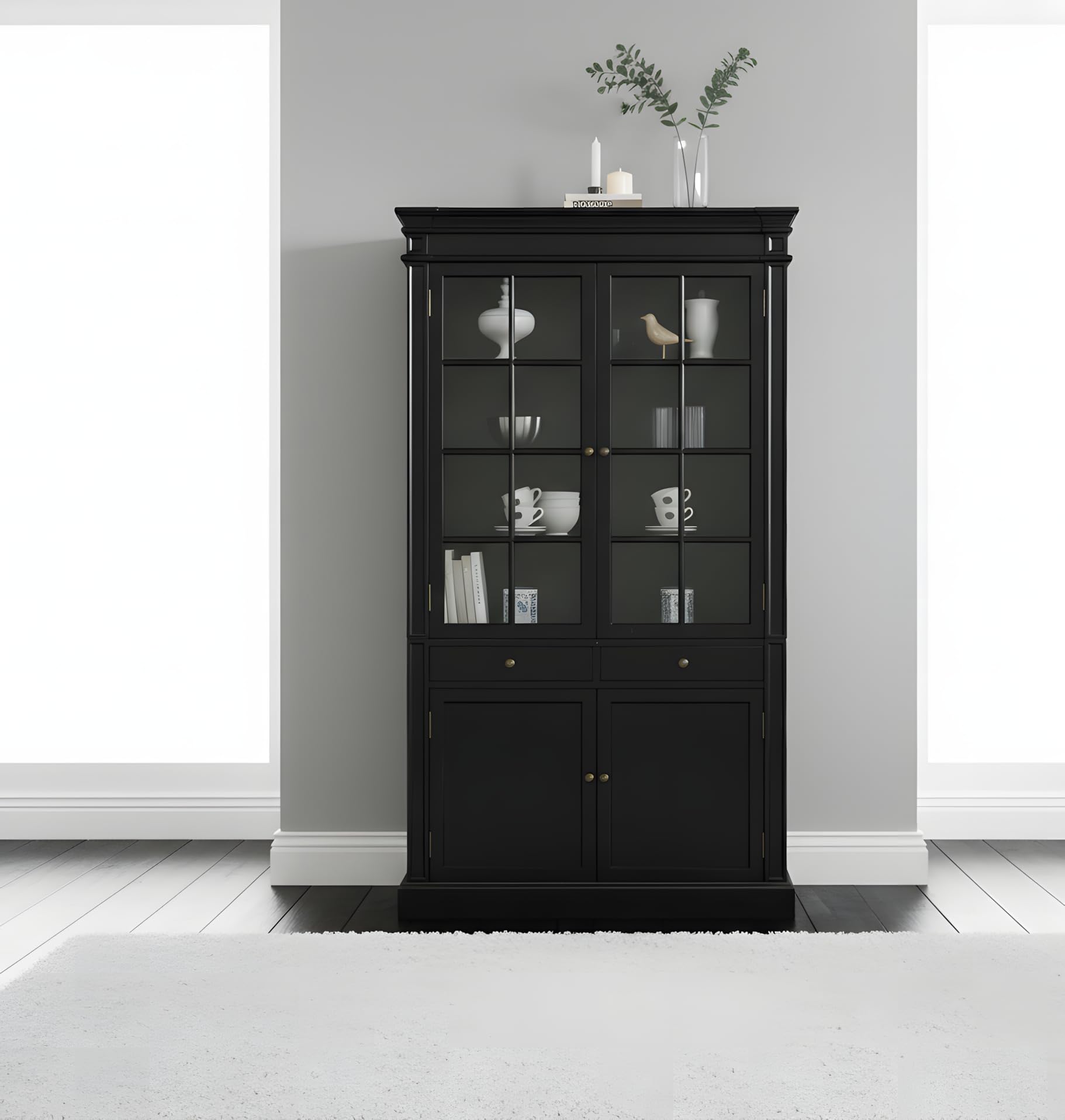 Amaretta, Vitrinenschrank, Massivholz, schwarz lackiert, antik patiniert, 2 Türen, 2 Schubladen, 1 Einlegeböden, Glasfront, Metallgriffe, B 110 x H 200 x T 45 cm, Gewicht 114,5 kg