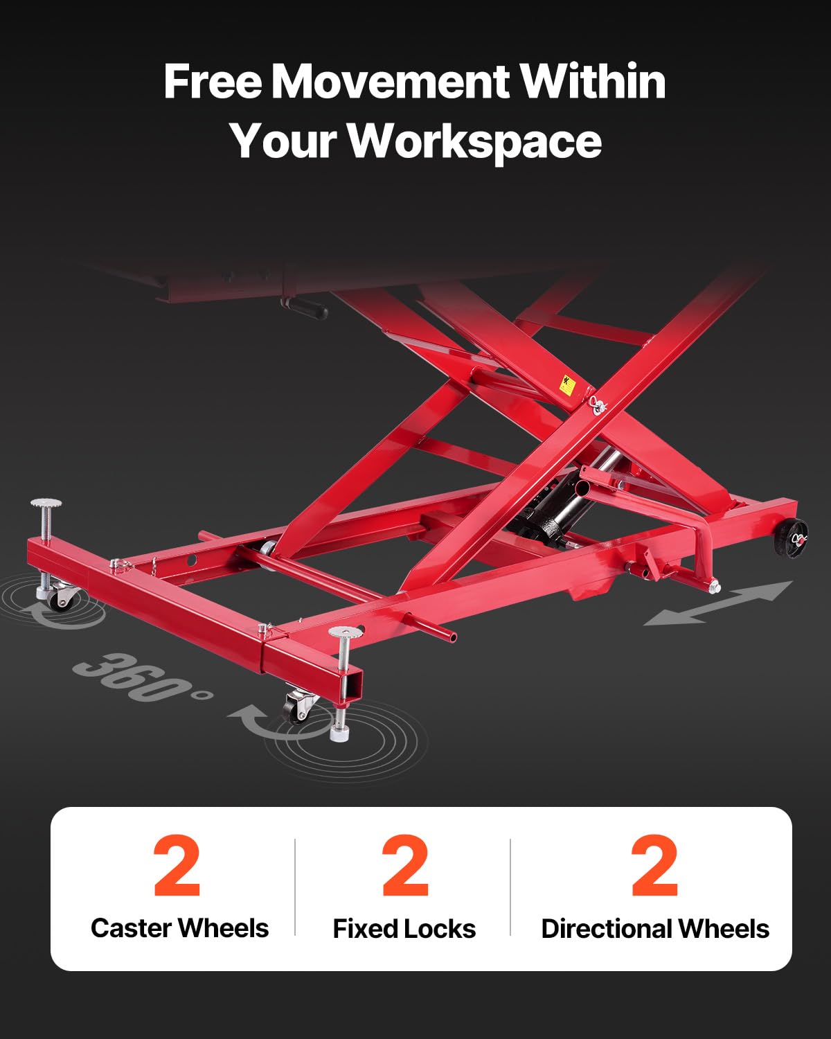 VEVOR Gato Hidráulico para Motocicleta, Carga 457 kg, Flexible de 360°, Rango de Altura 22 a 80 cm, con Cerradura de Seguridad para Vehículos Todoterreno y Motos de Cross, 2785 x 1015 x 1018 mm