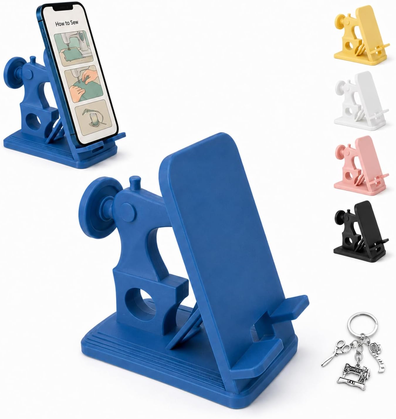 3D Printed Sewing Machine Phone Stand, Retro Desk Holder for Sewists, Blue